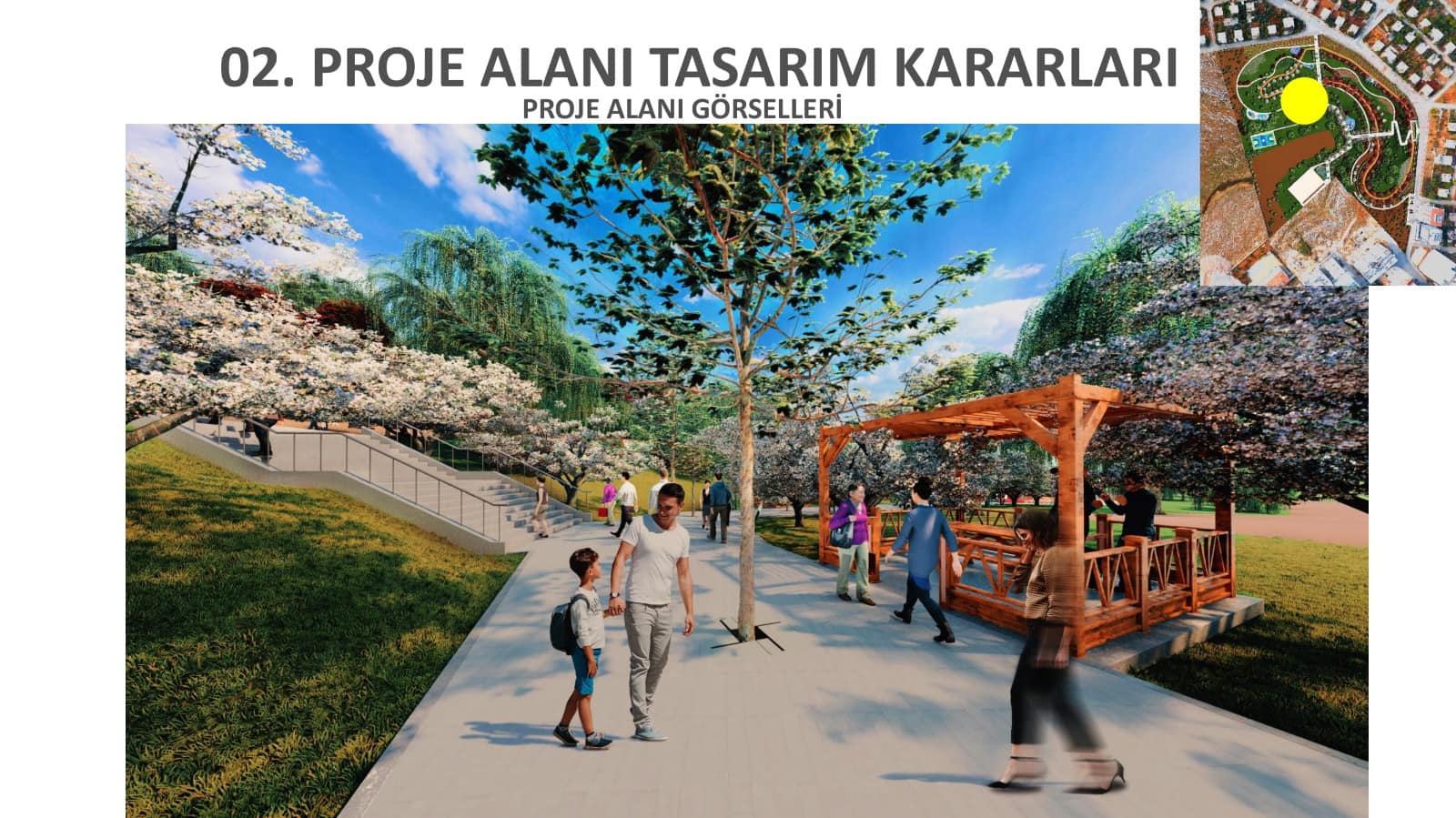 Bir 7 kişi, ayakta duran insanlar, ağaç, açık hava ve şunu diyen bir yazı '02. PROJE ALANI TASARIM KARARLARI PROJE ALANI GÖRSELLERÄ' görseli olabilir